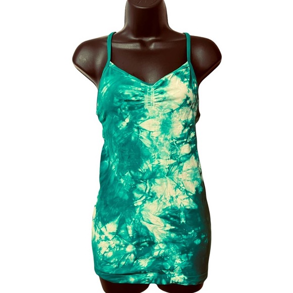 Athleta Tops - Athleta Tie Dye Teal and White Stretch Racerback Shelf Bra Tank Top Size Medium
